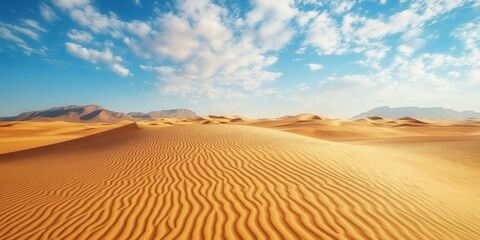 Wavy sand dunes under a blue sky.
