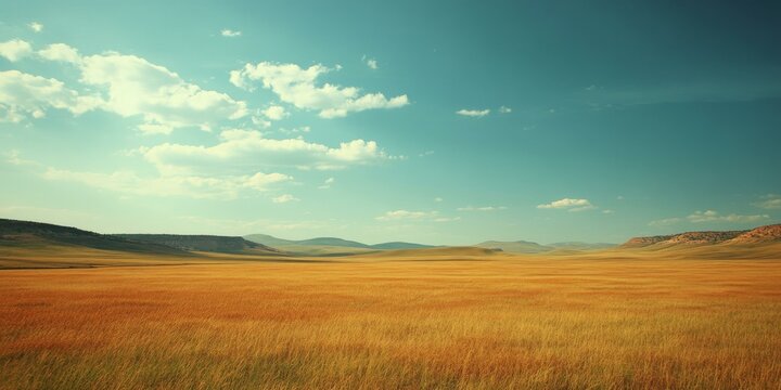 Wide open field with rolling hills and blue sky.