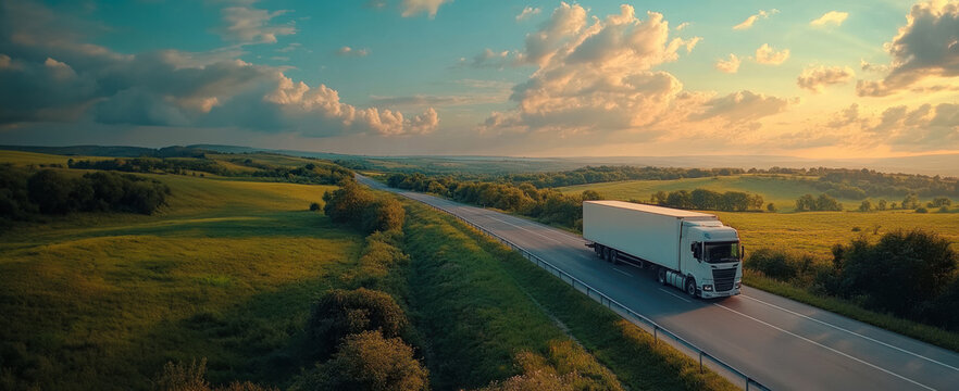 White Semi-Truck on a Winding Road at Sunset.