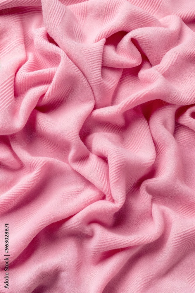 Poster Pink fabric texture pattern close-up. Soft flowing crumpled pink material with slight sheen. Blurred background creates depth dimension. No text objects visible.