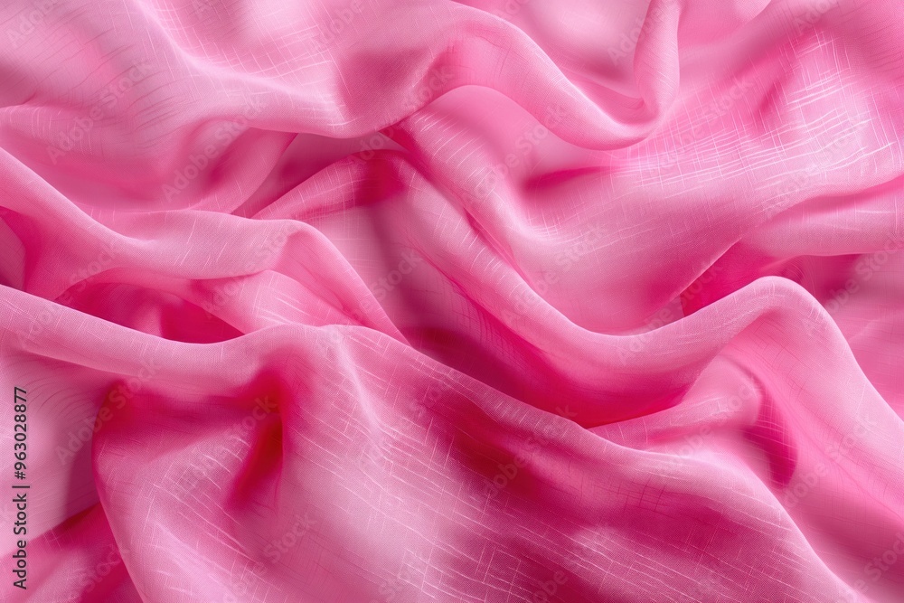 Poster pink fabric texture pattern close-up. soft pink hue crumpled folds create wave-like design. blurred 