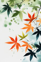 Fototapeta premium Green watercolor painting of maple leaves for autumn vertical background