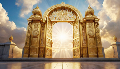 A majestic golden gate adorned with intricate designs opens towards a radiant, glowing sky, with sunlight breaking through the clouds in the background.