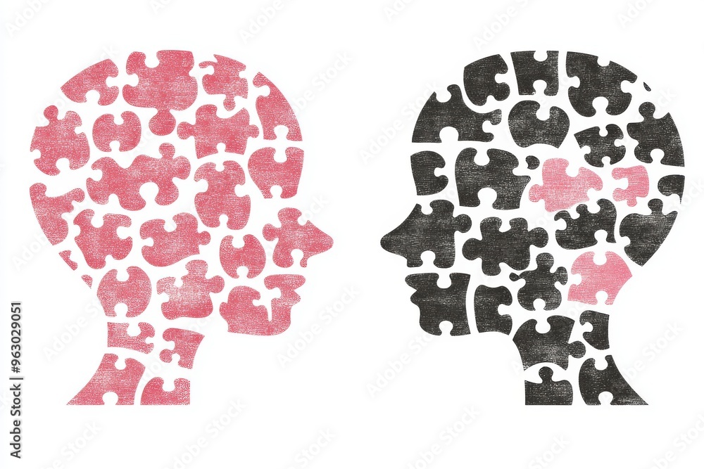 Poster mental horsepower cognitive alignment two abstract heads made from puzzle pieces one black and one p