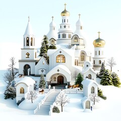 A beautiful winter scene featuring a grand snow-covered church with golden domes and serene surroundings.