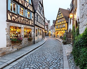 Obraz premium Charming cobblestone street lined with traditional timber-framed houses, exuding a quaint and picturesque European village vibe.