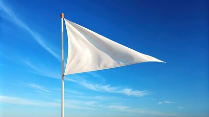 A crisp white pennant flag with a subtle wave, isolated on a clear blue sky, symbolizing victory, celebration, and freedom in a serene atmosphere.