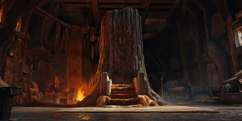 Fototapeta premium A wooden throne carved from a tree trunk in a