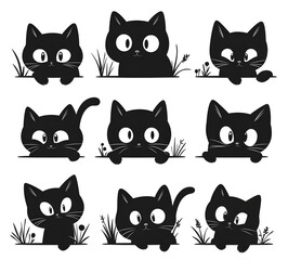 Collection of Adorable Black Cat Silhouette Characters in a Playful Clip Art Style Peeking from Corners and Hiding Behind Various Elements on a Clean White Background