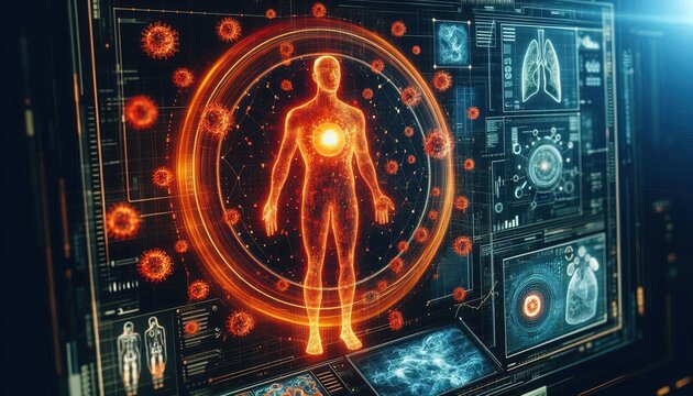 Digital Human Body with Virus Cells.