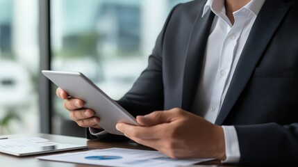 With his tablet in hand, the businessman analyzes sales data, financial reports, and growth chart projections.