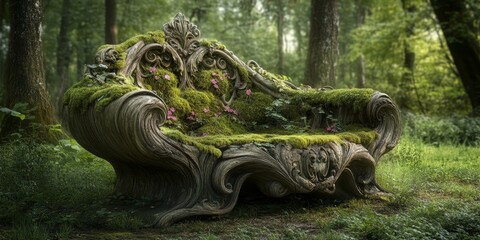 Naklejka premium Ornate wooden couch covered in moss in the woods.