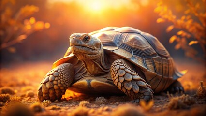 Naklejka premium African Tortoise Portrait Warmth Serene Soft Focus Golden Light Earthy Tones Sandy Background Natural Habitat Detail Orientation Wildlife Adventure Conservation Mood Style Technique Color Concept