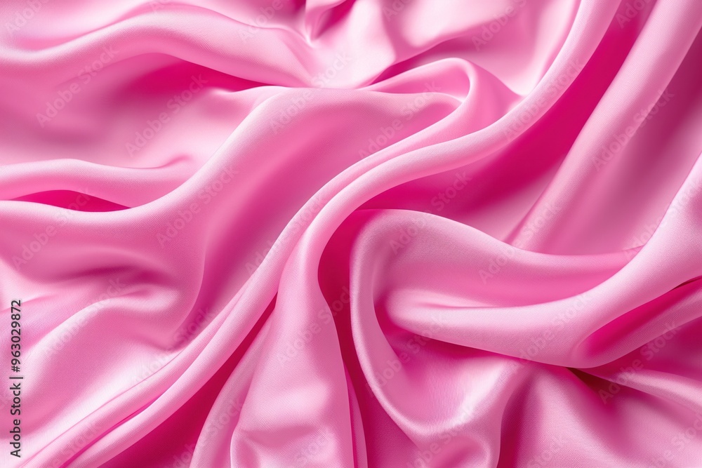 Poster pink satin fabric texture close-up. smooth shiny surface with curled edges. blurred background focus