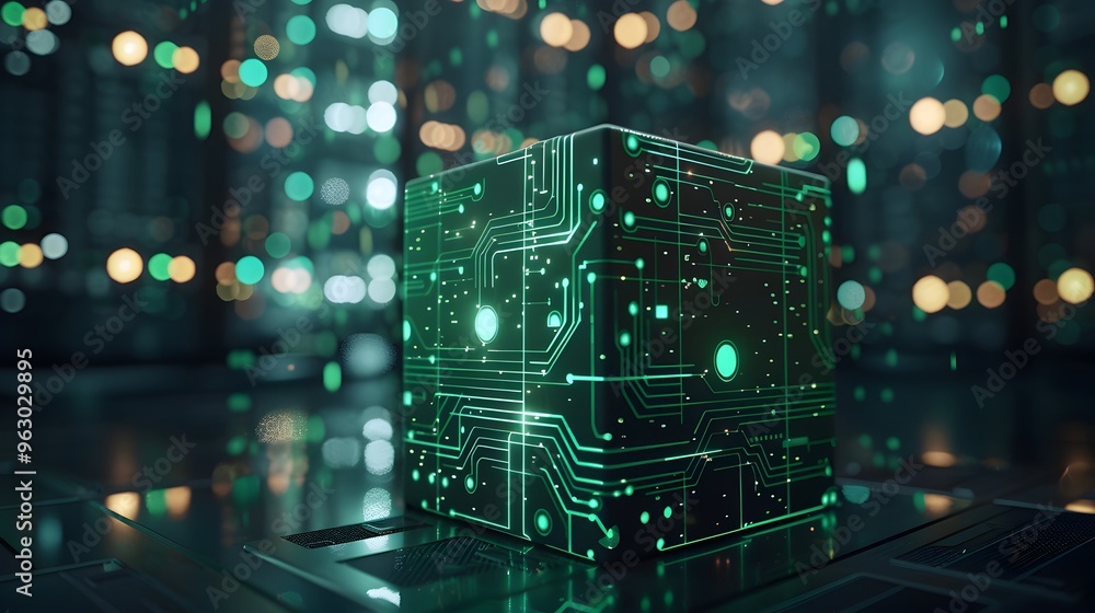 Poster futuristic tech themed parcel box with circuit board designs and digital code patterns in dark serve