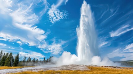 Yellowstone National Park's iconic Old Faithful geyser erupts majestically against a backdrop of rugged wilderness and clear blue skies.