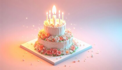 Festive Birthday Cake with Flowers and Candles.