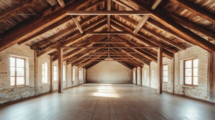 Rustic Attic Room with Wooden Beams and Brick Walls