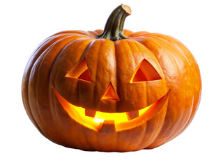 Fototapeta premium Carved Halloween pumpkin, glowing face, spooky decoration, festive lighting