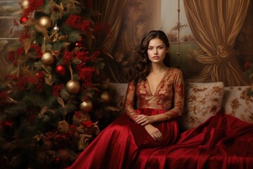 Fototapeta premium Elegant woman in a red gown sitting by a Christmas tree in a cozy, festive room