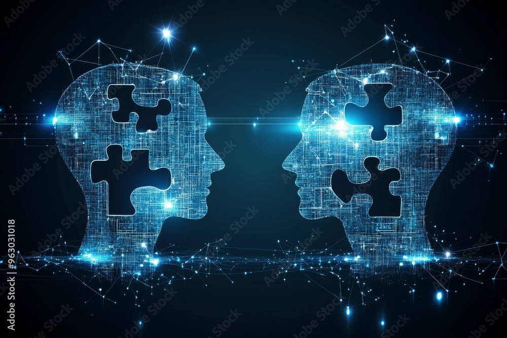 Poster cognitive intelligence cognitive alignment digital wireframe faces made of puzzle pieces and connect