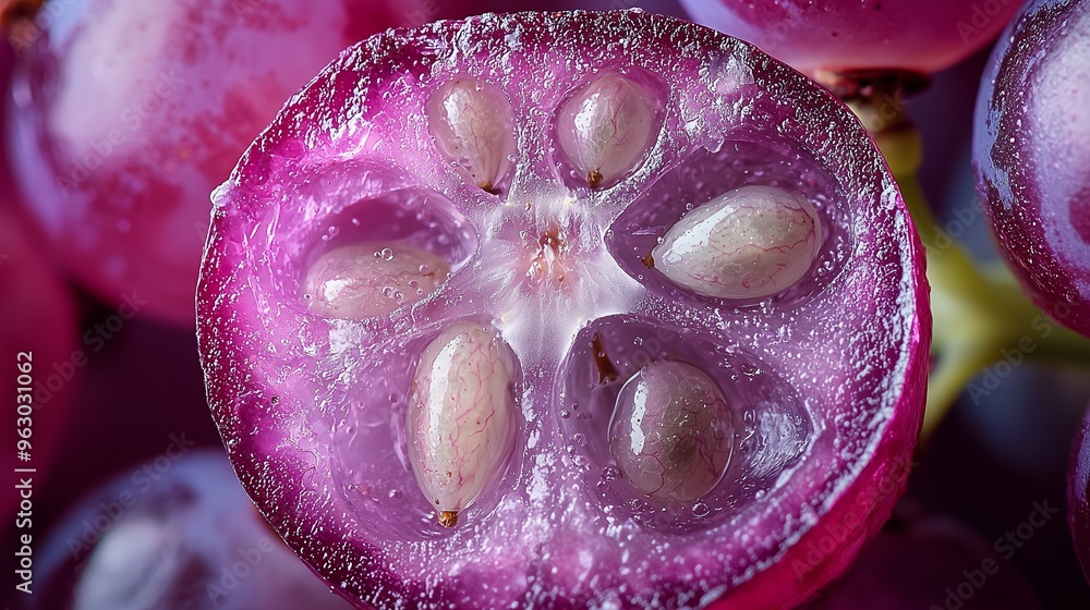 Poster Close-up of a red grape cut in half, showing seeds and texture.