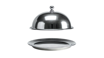 Silver serving cloche raised above empty golden plate, cut out