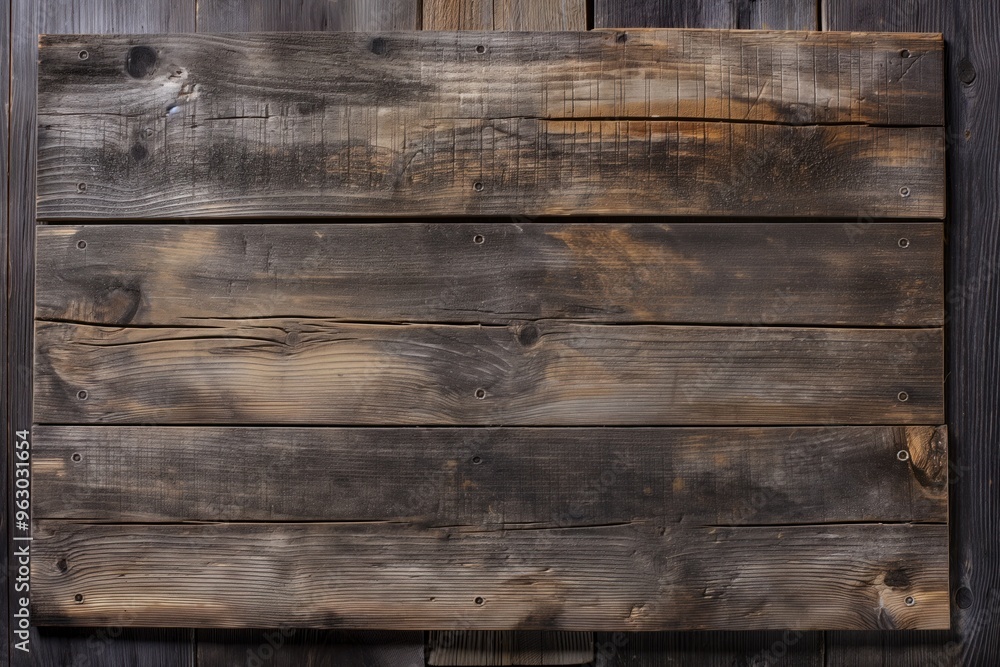 Poster wooden signboard with weathered dark brown finish. three horizontal planks with small holes at top i