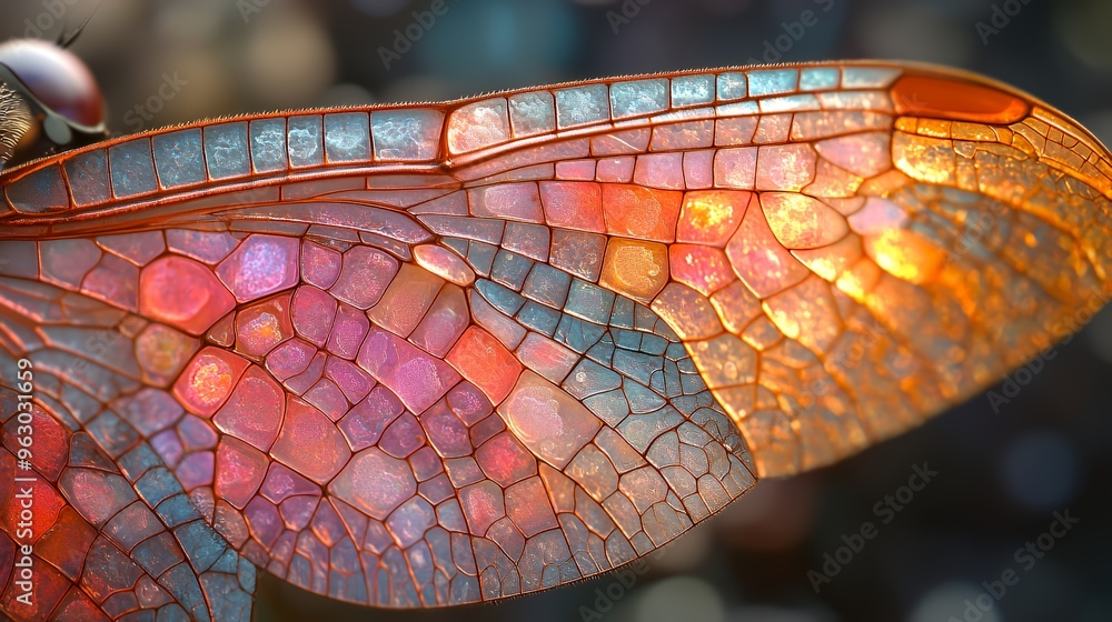 Poster close-up of a dragonfly's wing with intricate details and vibrant colors, creating a beautiful natur