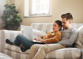 Laptop, planning and online with couple in living room for investment portfolio, application and...