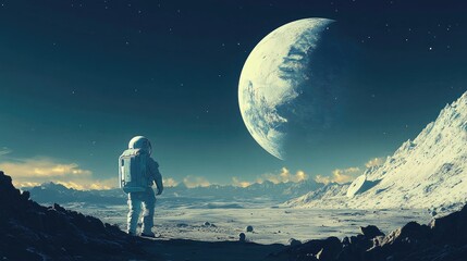 Fototapeta premium Astronaut Gazes at Distant Planet in a Vast, Rocky Landscape