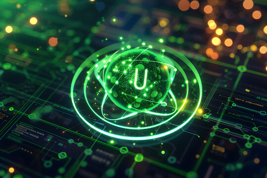 Intricate Digital Representation of Uranium Element with Atomic Structure and Glowing Green Highlights