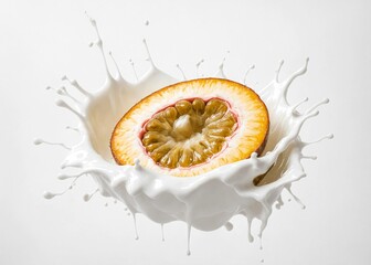 Passion fruit falls into milk, yoghurt, sour cream, Splashing around. Illustration