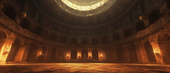 Obraz premium A large, round arena with high ceilings, a dark brown stone floor and walls