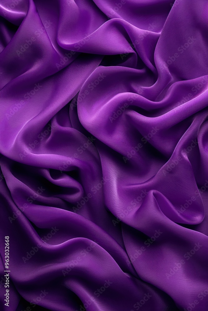 Poster Close-up of crumpled purple fabric with dynamic wrinkles. Luxurious material highlighted by blurred background. Suitable for fashion and textile use cases.