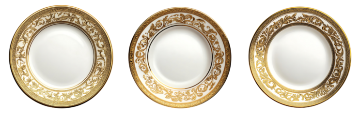 set of white plates, beautiful golden designs within the plates, Isolated on white or transparent background 