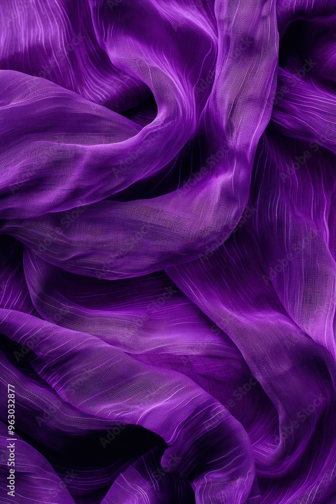 Poster Purple fabric texture pattern close-up view. Intricate folds creases create complex design. Various shades purple add depth dimension. Elevated angle showcases fabric texture structure.
