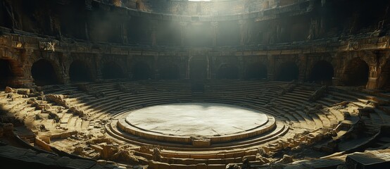 A large circular arena with an empty stage in the center, medieval fantasy style