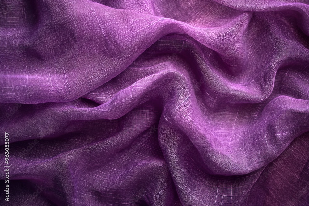 Poster Purple fabric texture pattern close-up view. Crumpled deep purple material with subtle sheen elegance. Blurred background focuses on fabric depth. No text objects countable. Fabric position constant.