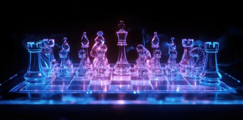 A holographic chessboard with translucent chess pieces floating above a glass table, depicting a futuristic strategy game.