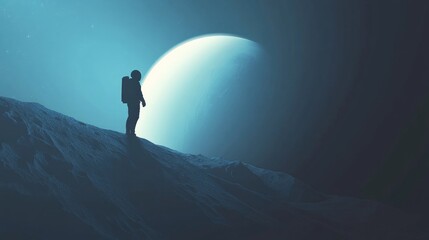 Astronaut Stands on a Mountain, Looking Towards a Distant Planet