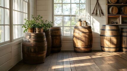 Golden hour light filtering through large windows, highlighting the textures of wooden barrels and worn wooden floors, antique farm tools displayed on the walls, soft, warm hues, creating a cozy,