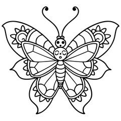 Butterfly coloring page kids friendly simple cute flying insects with flower mandala line art design
