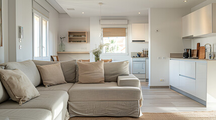 Fototapeta premium living room and kitchen in an apartment with beige sofas, light gray sofa, white walls, wooden floor, The kitchen area features stainless steel appliances and marble countertop.