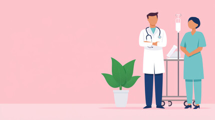 Medical staff administering chemotherapy, breast cancer awareness, flat design illustration