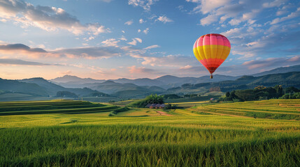 Naklejka premium A hot air balloon glides over rice paddies at sunset, with golden hues reflecting on water and silhouetted mountains beyond.