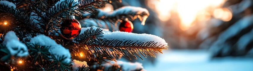 A festive pine tree adorned with red ornaments and dusted with snow, capturing the essence of a serene winter holiday season.