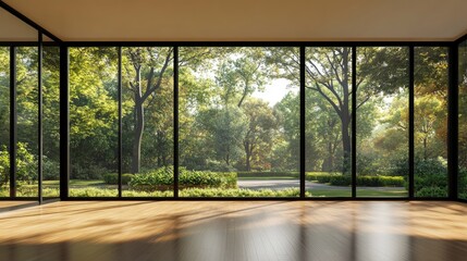 Naklejka premium Wooden Floor with Large Window Showing Lush Greenery and Sunlight