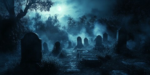 Graveyard with tombstones under foggy moonlit sky.