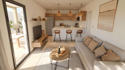 Fototapeta premium living room and kitchen in an apartment with beige sofas, light gray sofa, white walls, wooden floor, The kitchen area features stainless steel appliances and marble countertop.